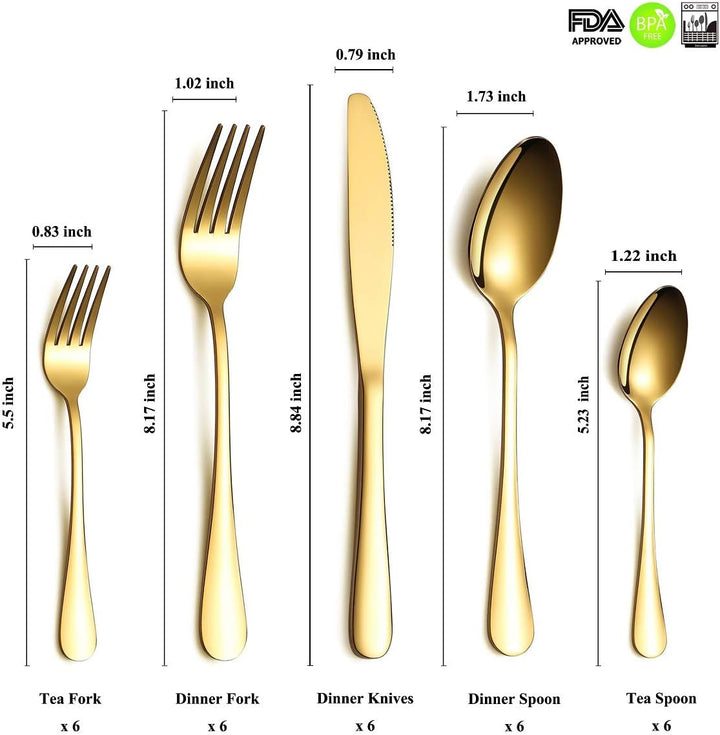 HOMQUEN Besteck Set, Gold Besteck Set, Edelstahl Set Service für 6 Personen, 30 Stück Esszimmer Best