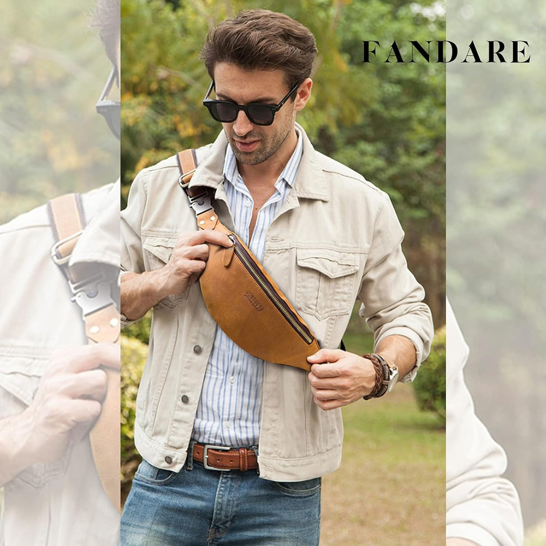 FANDARE Retro Brusttasche Leder Bauchtasche Sling Waist Bag Herren Unternehmen Schultertasche Umhäng