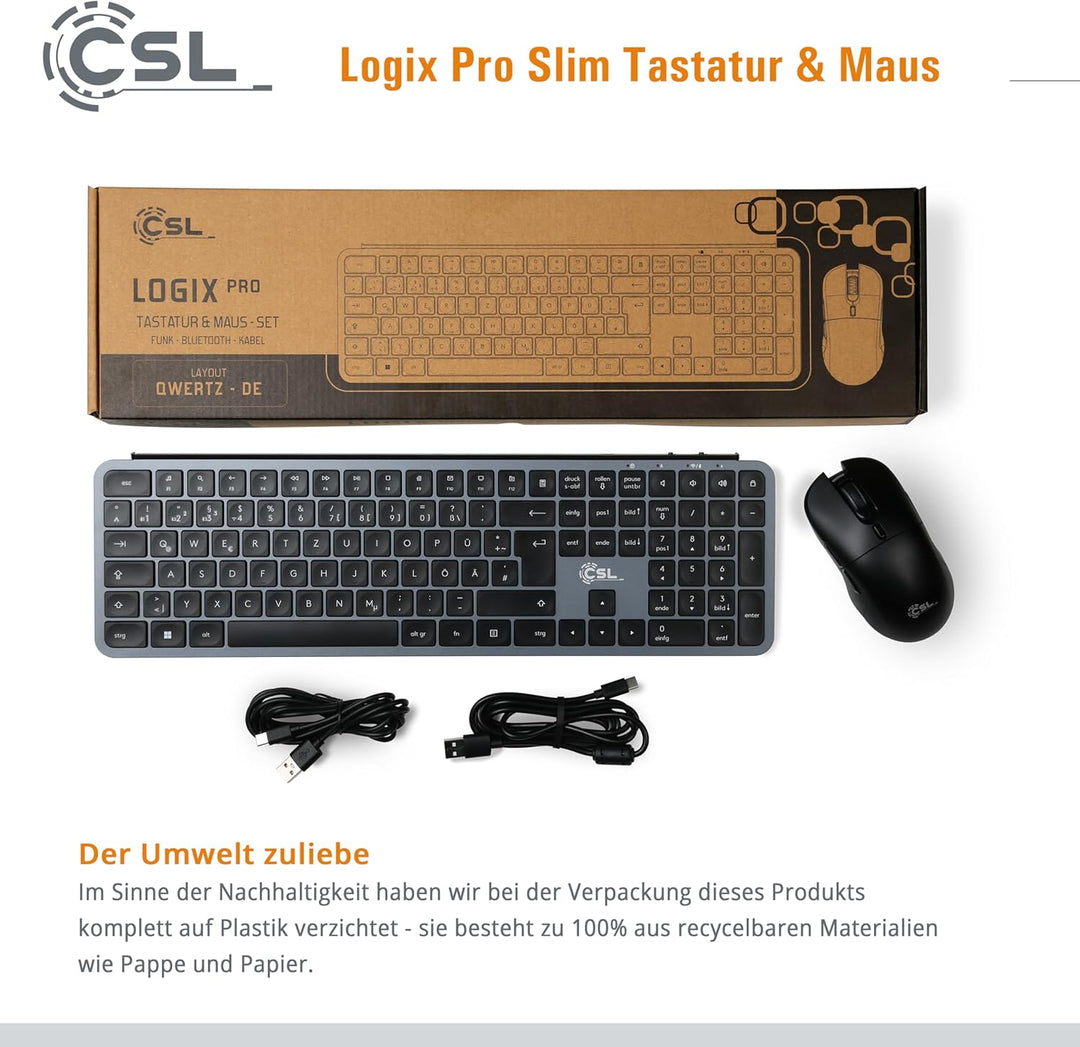 CSL Logix Pro - Tastatur Maus Set kabellos in schwarz mit QWERTZ Layout bestehend aus Funktastatur,