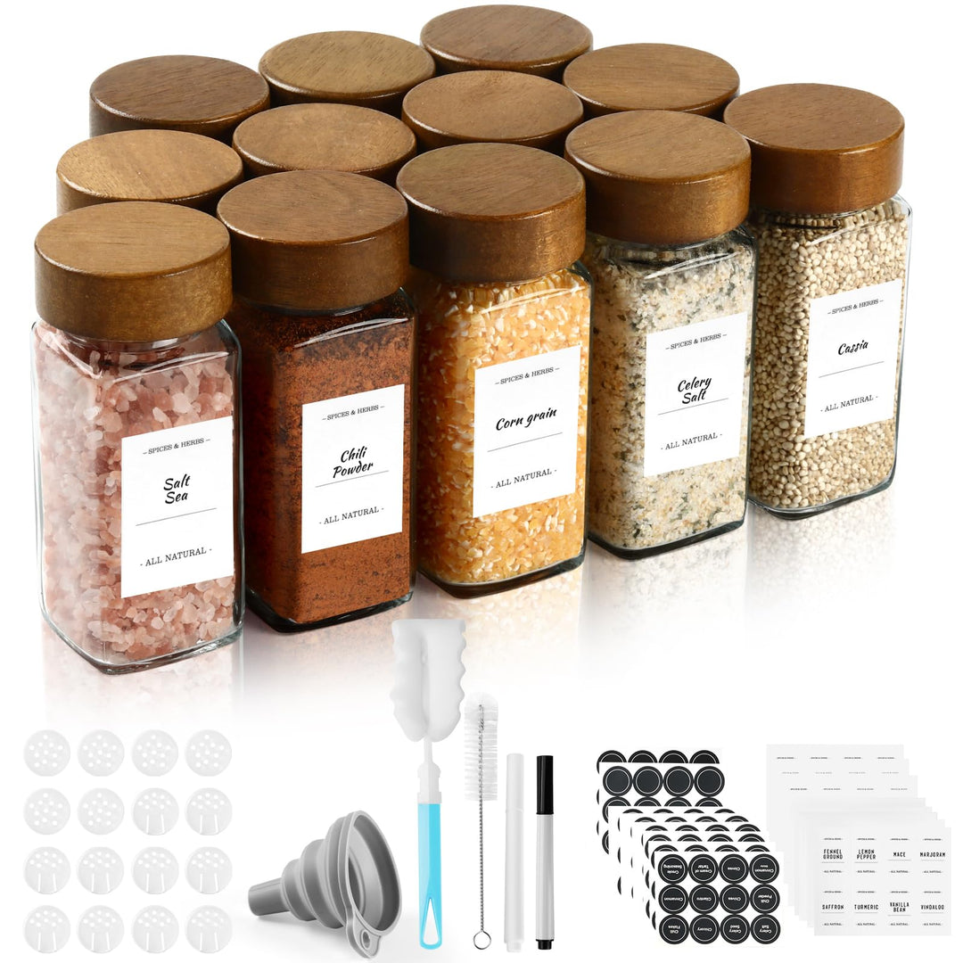 Gewürzgläser aus Glas und Holz, 12×120 ml Gewürzglas-Set mit Akazienholzdeckel Aufbewahrungsbehälter