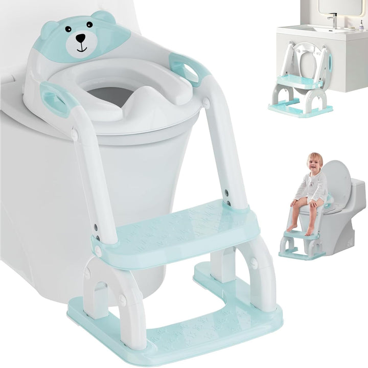 8-fach höhenverstellbarer 2-in-1 Toilettensitz Kinder mit Treppe, Klappbarer Tritthocker mit Spritzs