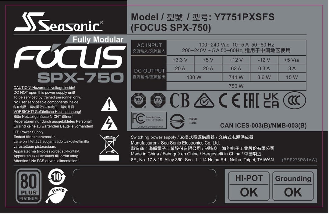 SeaSonic Focus SPX-750 750W ATX12V / SFX12V 80 Plus Platinum, Black