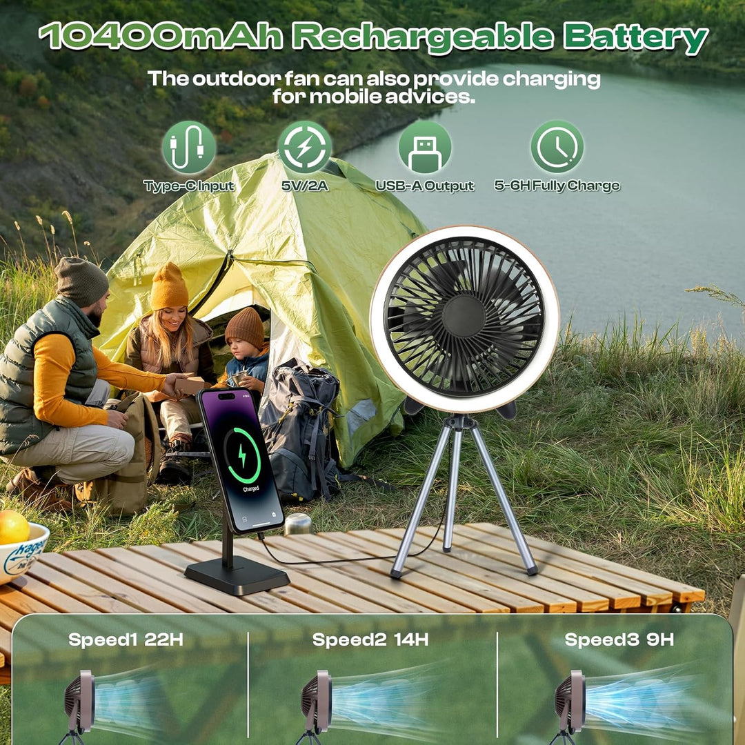 Camping Ventilator mit LED & Fernbedienung 10400mAh, Wiederaufladbarer USB Ventilator mit Haken, Tim