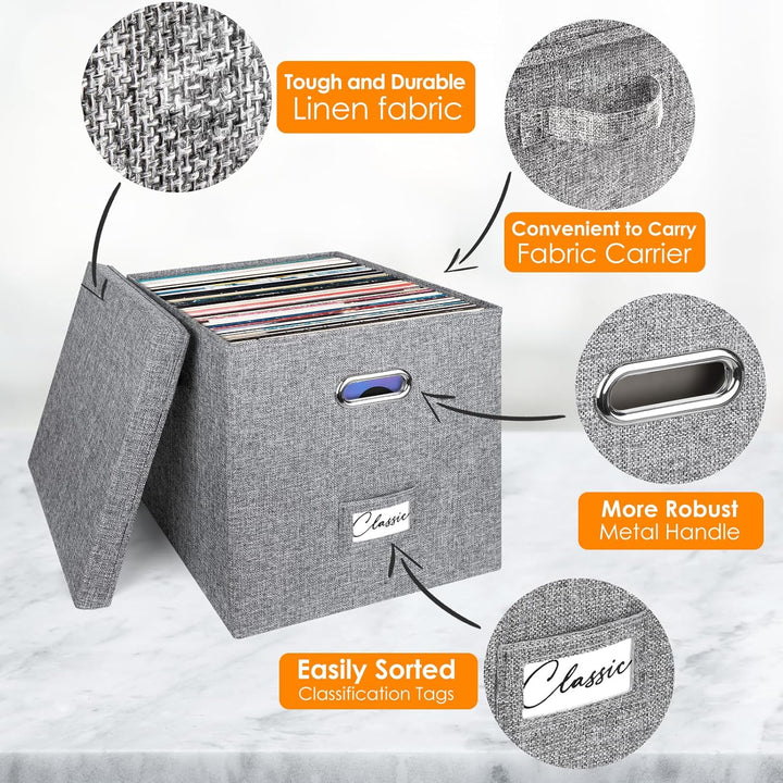 Vinyl-Schallplatten-Aufbewahrungsbox, 2er-Set, für 100+ einzelne LPs, stapelbare Alben, Leinenkiste