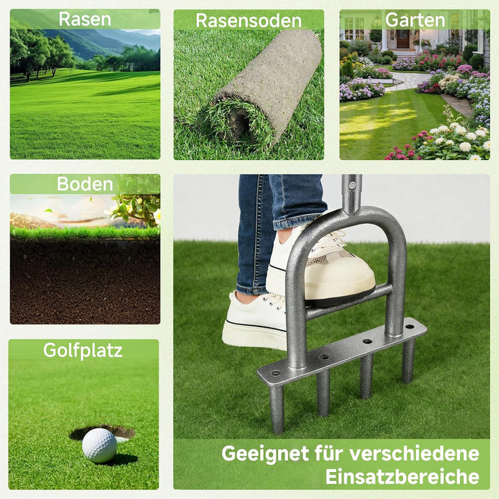 Rasenlüfter Manuell, Aerifizierer Rasenbelüfter für Rasen mit 4 Hohlspoo, Edelstahl T-Griff, Aerifiz