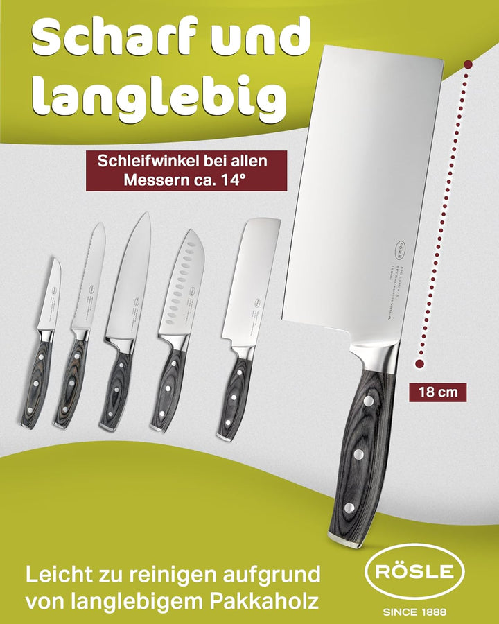 RÖSLE WOLFGREY Chinesisches Kochmesser 18cm – Premium Hackmesser Küche aus Spezialklingenstahl – Hoc
