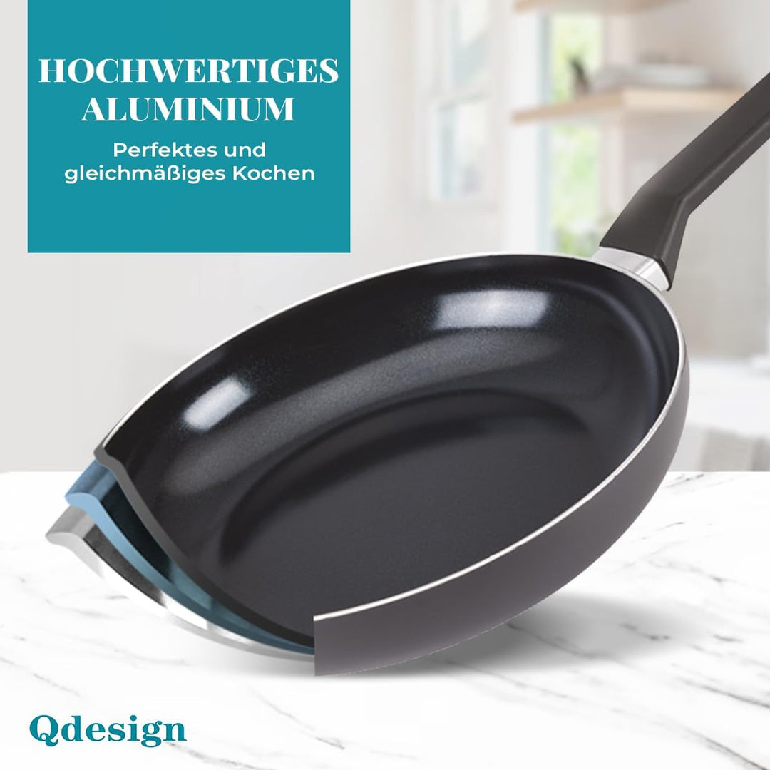 QDESIGN BLACK+ Pfanne aus Aluminium mit Antihaftbeschichtung, kratzfest, PFOA-frei, mit Glasdeckel -