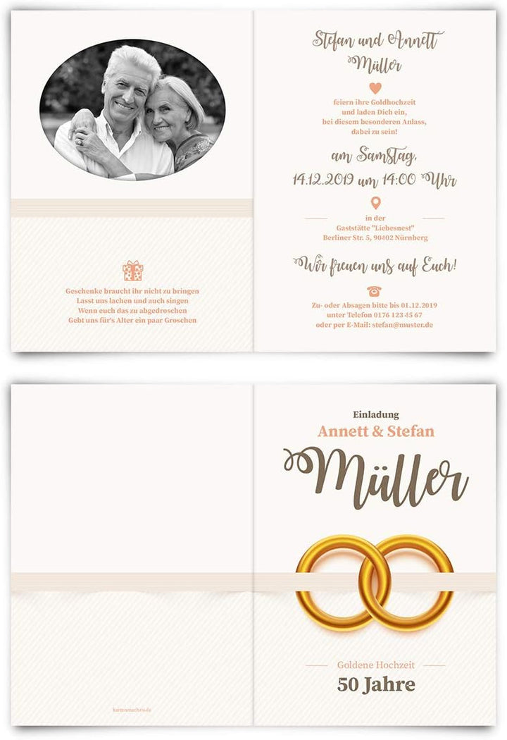 Kartenmachen.de 10 x Goldene Hochzeit Hochzeitseinladungen Goldhochzeit individuell Einladungskarten
