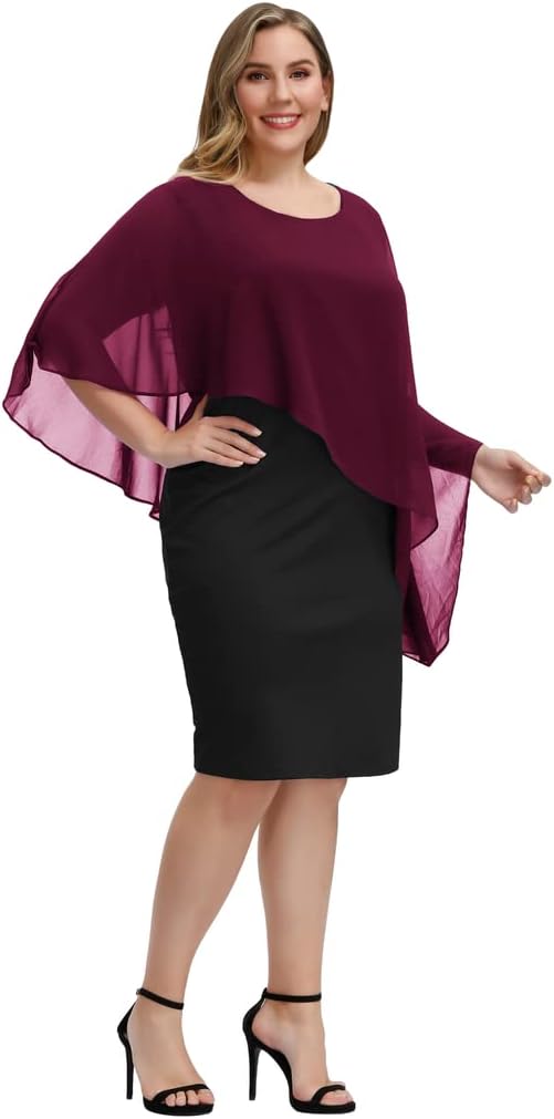Hanna Nikole Damen Grosse Grösse Chiffon Cape Cocktailkleid Knielang Abendkleid mit Overlay M Weinro