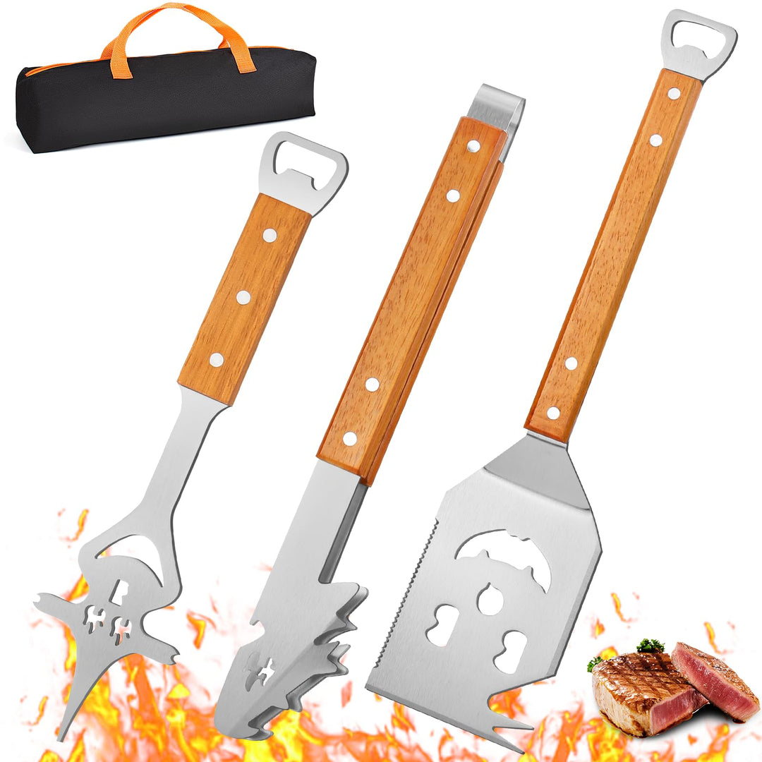 BBQ Grillbesteck Set 3-TLG, Extra Langes Grillwerkzeug, Edelstahl Holzgriff, Grill Zubehör mit Grill