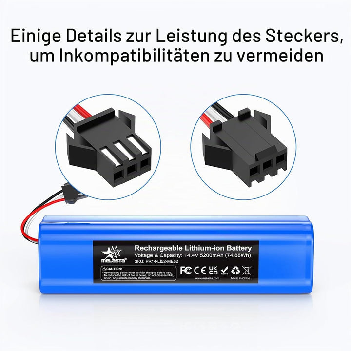 melasta 14.4V Li-Ion 5200 mAh Ersatz Akku Batterie für Proscenic M7 M8 Pro/Lydsto R1 / Uoni V980 Plu