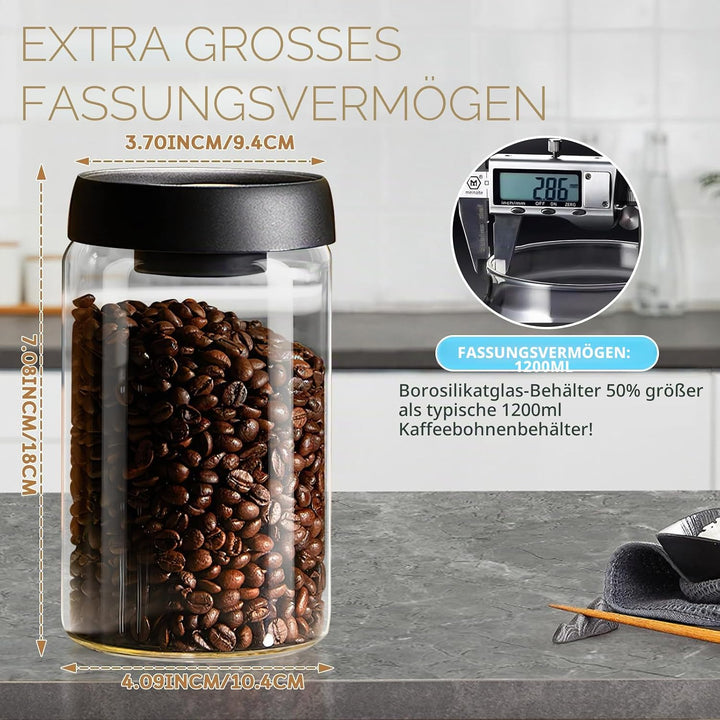 Lebensmittel Vorratsglas, 1200ml Luftdicht Glasbehälter, Glas Kaffeebohnenbehälter, mit ABS Deckel,