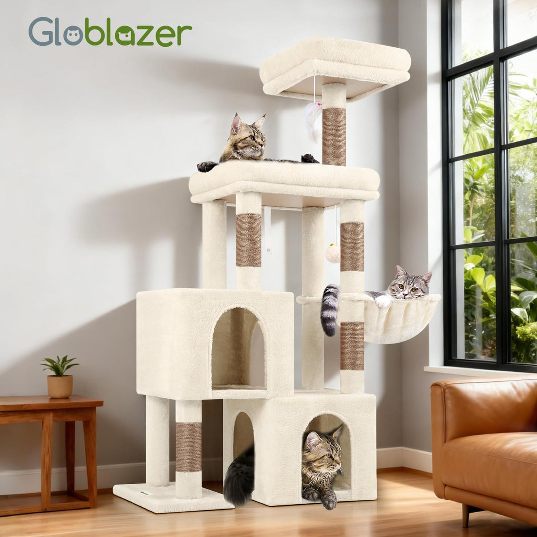 Globlazer Kratzbaum Beige mit 2 Katzenhaus, Grosse Gepolsterte Plattform, Sitzstangen, Katzenkorb, S