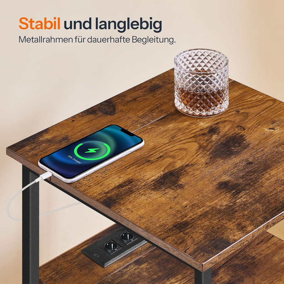 HOOBRO Nachttisch mit Ladestation, Beistelltisch, Sofatisch mit 2 Schubladen, Couchtisch mit USB-Ans