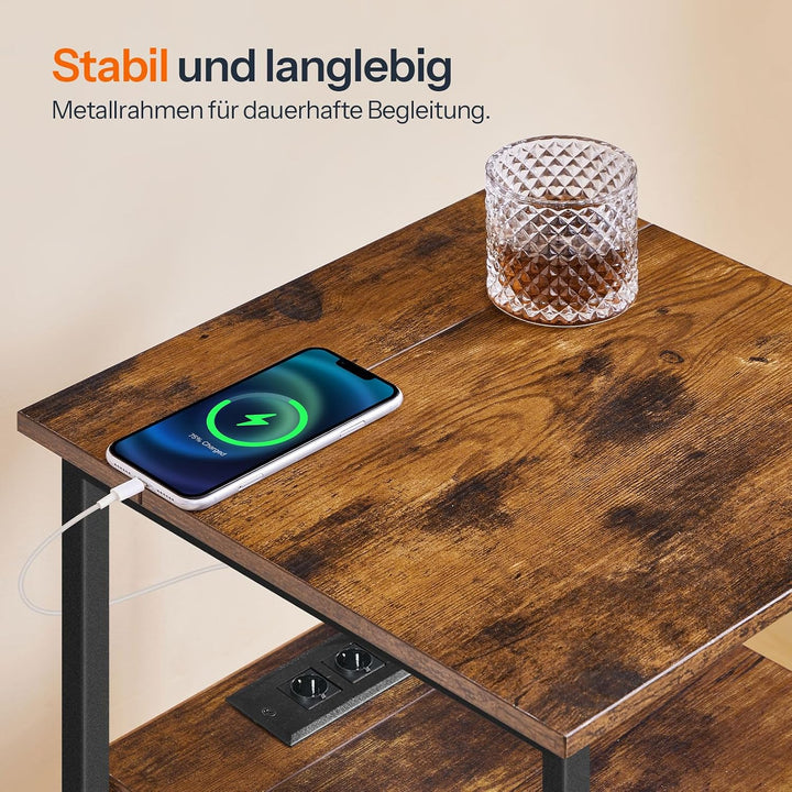 HOOBRO Nachttisch mit Ladestation, Beistelltisch, Sofatisch mit 2 Schubladen, Couchtisch mit USB-Ans