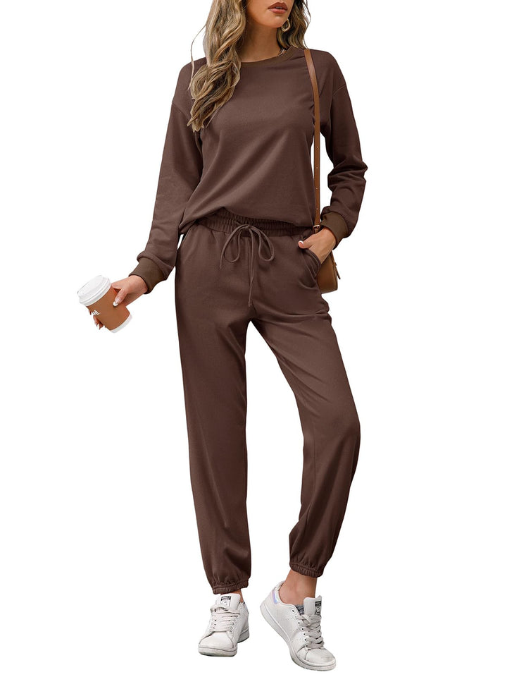 REORIA Damen Tracksuit Langarm Rundhalsausschnitt Einfarbig Zweiteiler Outfit Hoodie Jogger Training