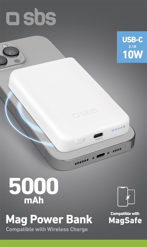 SBS Powerbank Akku-Pack 5000 mAh, kompatibel mit MagSafe, kabelloses Laden, USB-C-Anschluss, Status-