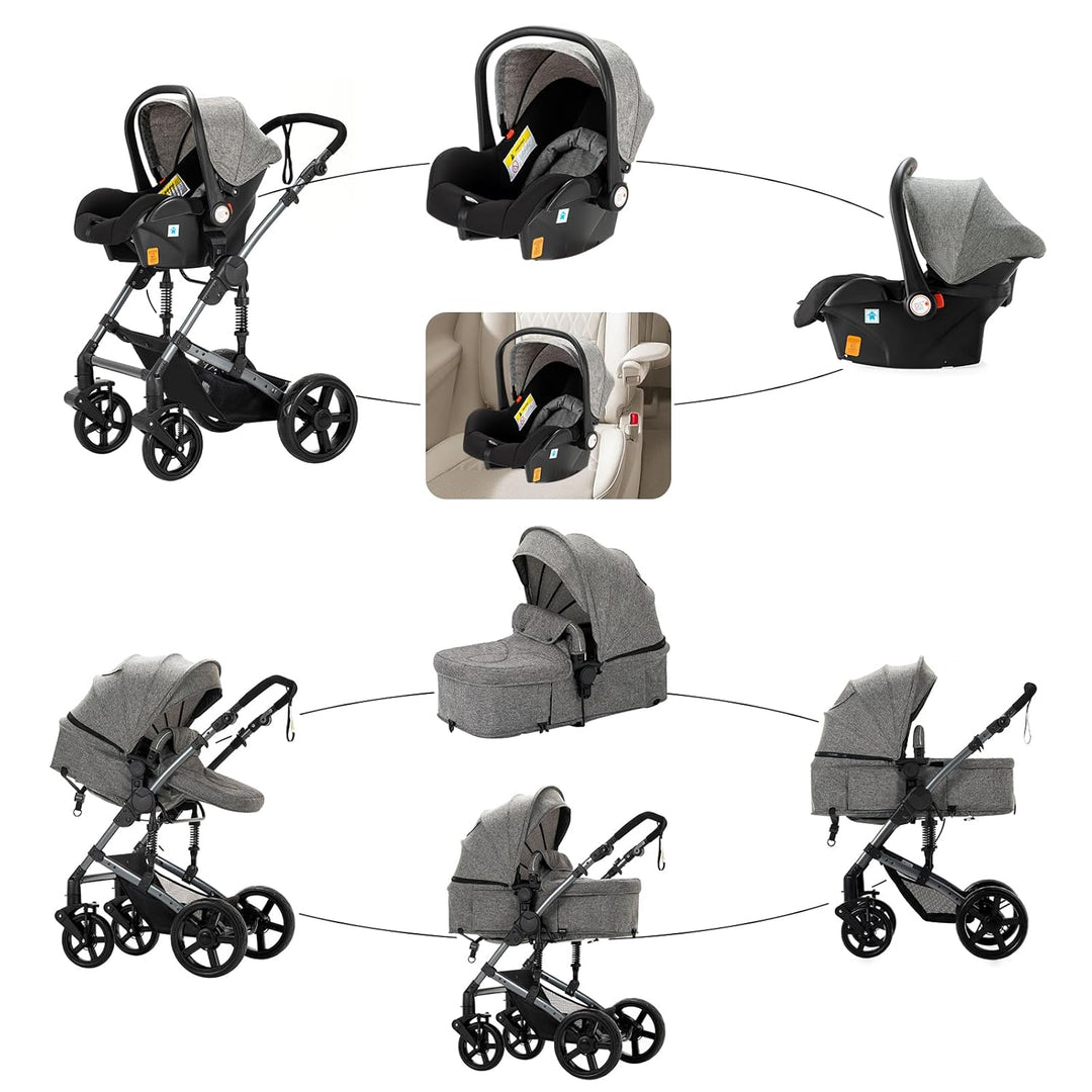 NADDLILY Kinderwagen 3 in 1, Buggy mit Umkehrbarem Zwei-Wege-Schub, Kinderwagen mit Faltbarem Tragba
