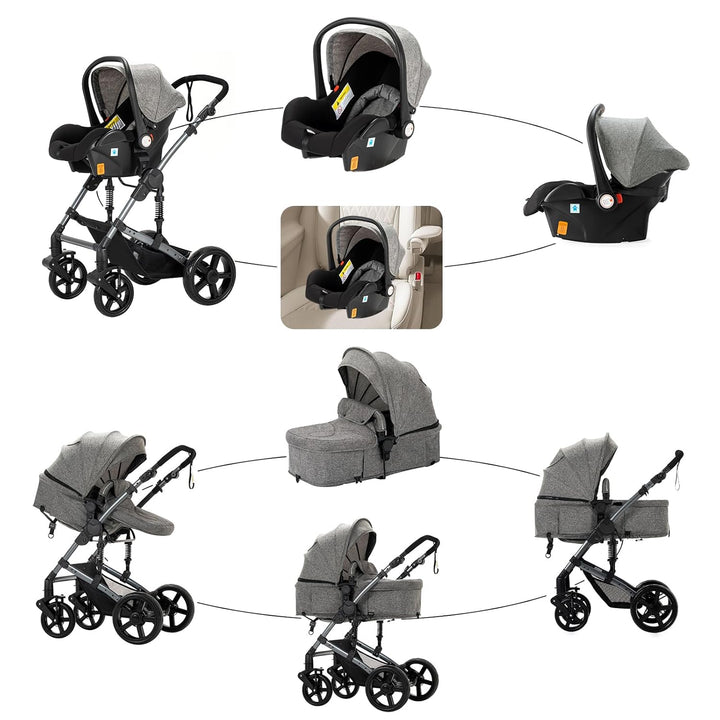 NADDLILY Kinderwagen 3 in 1, Buggy mit Umkehrbarem Zwei-Wege-Schub, Kinderwagen mit Faltbarem Tragba