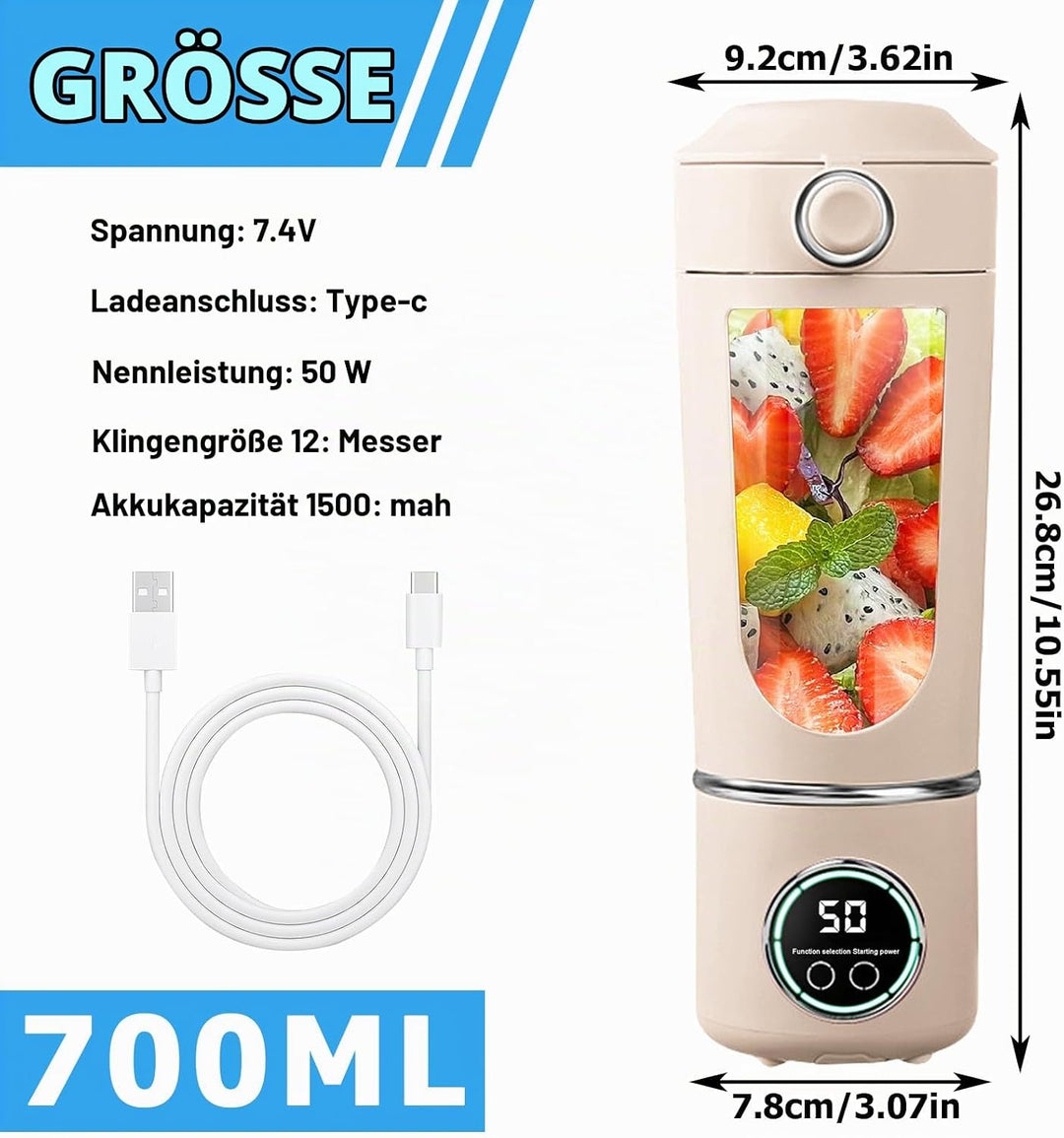 Tragbarer Mixer, Mini Standmixer, Portable Blender, 700ML Mini Blender, Wiederaufladbarer Typ-C, 12