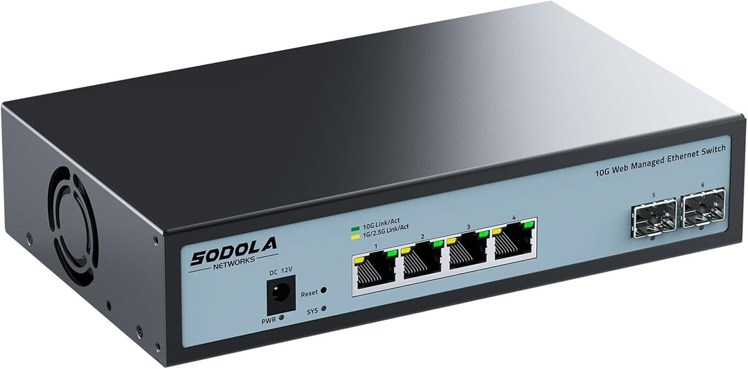 SODOLA 6 Port 10G Easy Web Managed Switch,4X 10G RJ45 + 2X 10G SFP+ Ports –LACP/QoS/VLAN/IGMP, 10Gbi