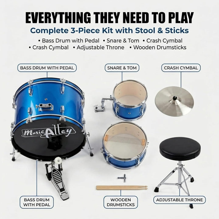 Music Alley Junior Drum Kit for Kids with Kick Drum Pedal, Drum Stool & Drum Sticks - Blue Blue Sing