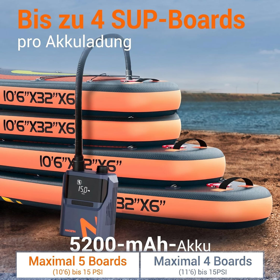 NACATIN 50PSI Elektrische SUP Pumpe, Wiederaufladbare Paddle Board Pumpe mit 5200mAh Akku &amp; 12V Auto