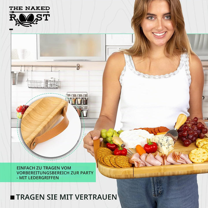 Bambus-Käsebrett und Messer-Set – Holz-Charcuterie-Brett mit Ledergriffen und herausziehbarer Schubl