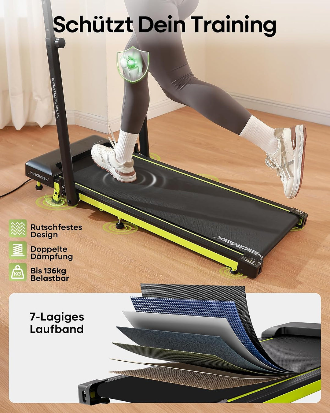 Walking Pad mit 10% Steigung 3,0 HP leises klappbares Laufband für Zuhause mit Magnet-Fernbedienung,