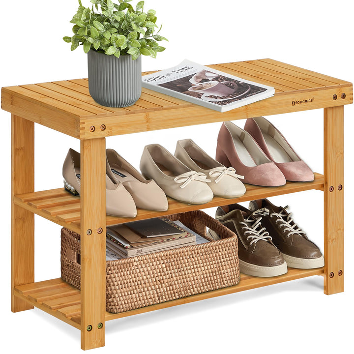 SONGMICS Schuhregal, Schuhschrank mit Sitzbank, Bambus Schuhbank mit 3 Ablagen, 70 x 28 x 45 cm idea