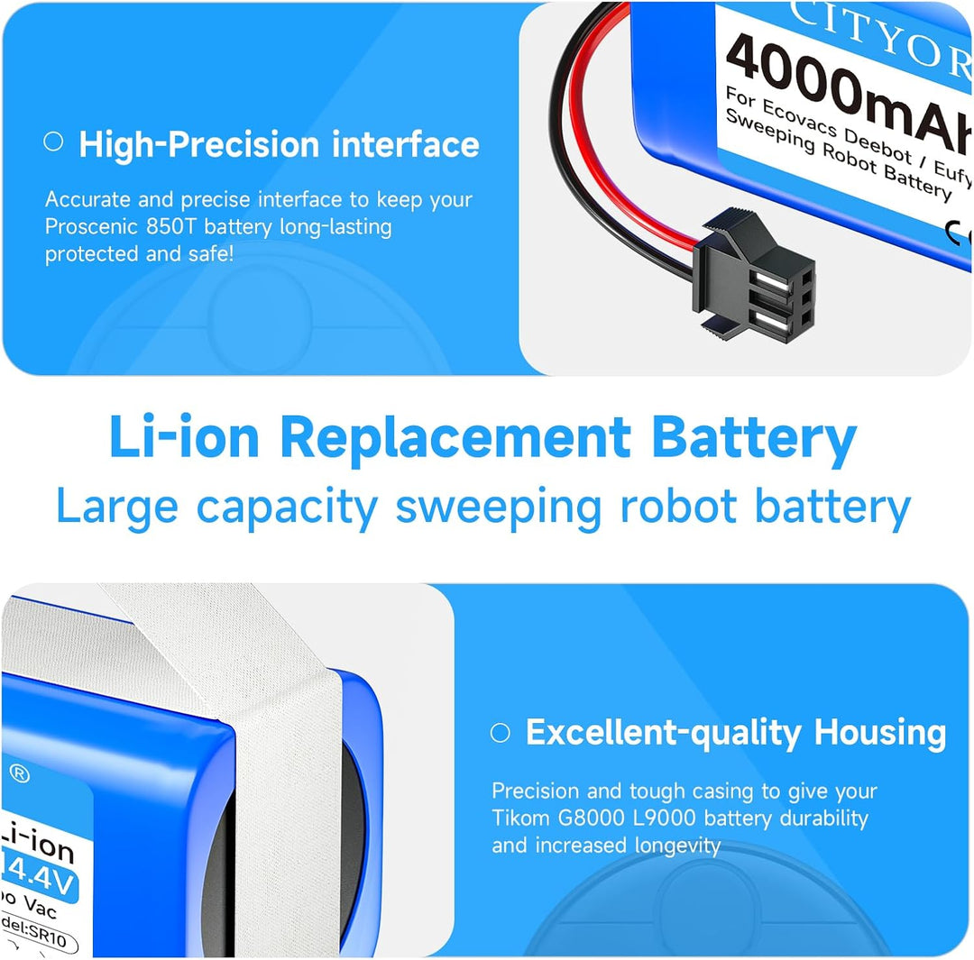 CITYORK Li-ion Upgrade 4000mAh Akku für Proscenic 850T 850P, Für Tikom G8000 L9000 Robot, Für Venga