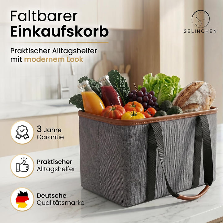 Selinchen® - Premium Einkaufskorb | Hochwertige Einkaufstasche faltbar und mit PU-Ledergriff | Ideal