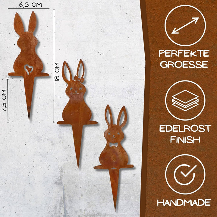 Rostikal Gartenstecker Hase 3er Set – Wetterfeste Cortenstahl Deko für Garten, Balkon oder Wohnzimme