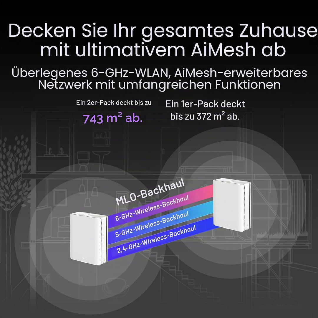 ASUS ZenWiFi BQ16 2er Set BE2500 Quad Band WiFi7 Mesh Router (bis zu 740qm Abdeckung, 2X 10G Ports,