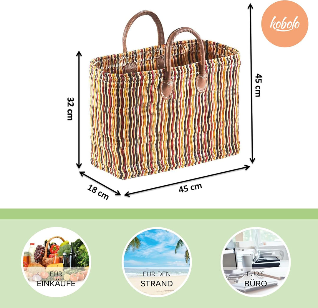 Kobolo Tasche Seegrastasche Korbtasche Strandtasche - Lederhenkel - Bunt