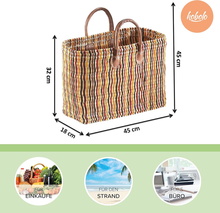 Kobolo Tasche Seegrastasche Korbtasche Strandtasche - Lederhenkel - Bunt