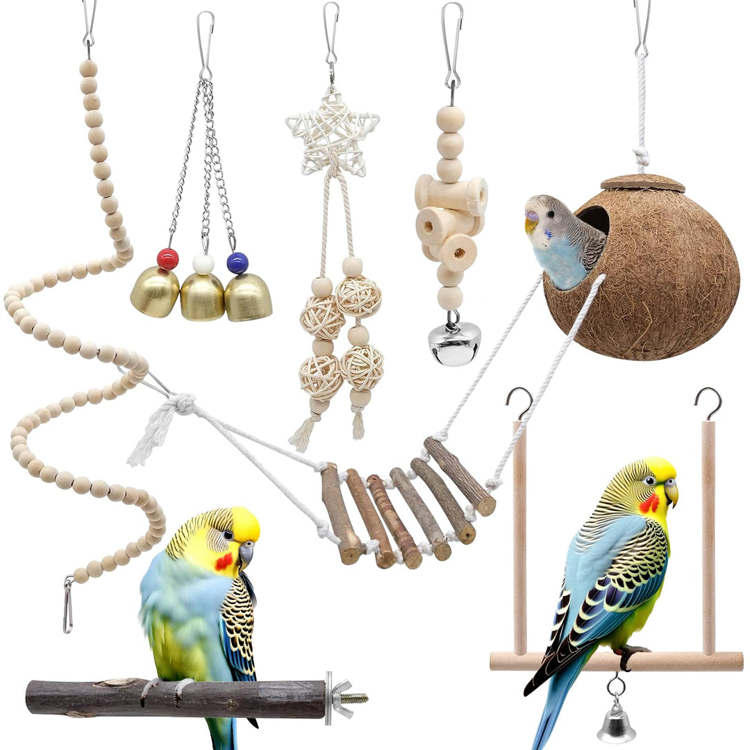 Vogelspielzeug, 7 Stück Vogelspielzeug zum Aufhängen, Käfigzubehör mit Kokosnusshütte, Schaukel, Lei