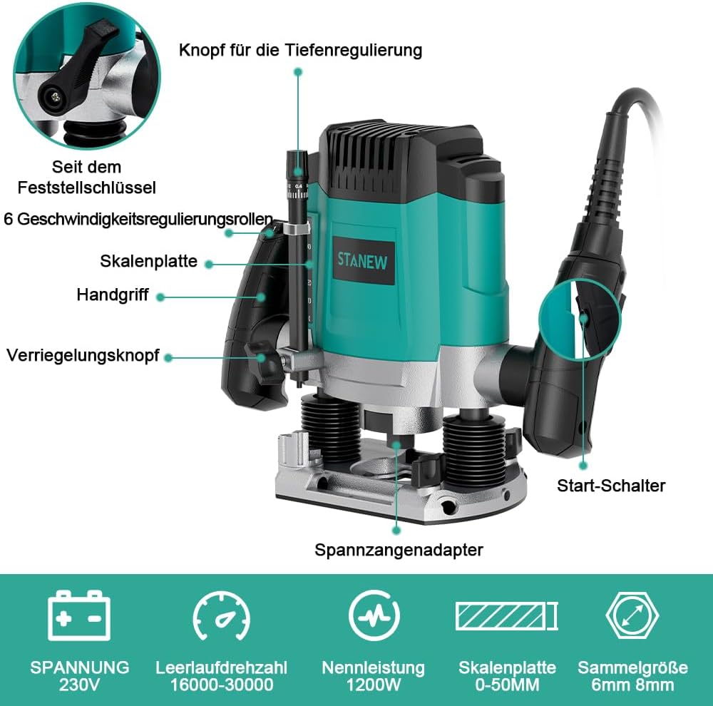 STANEW Oberfräse (1200 W, 6 Geschwindigkeiten 16000-30000 U/min, Ø 6 und 8 mm), Professional Vertica