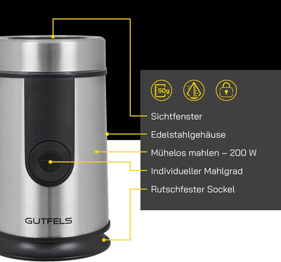 GUTFELS Kaffeemühle COFFEE 5010 | 50 g Kapazität | Edelstahl Gehäuse und Klingen | Kabelaufwicklung