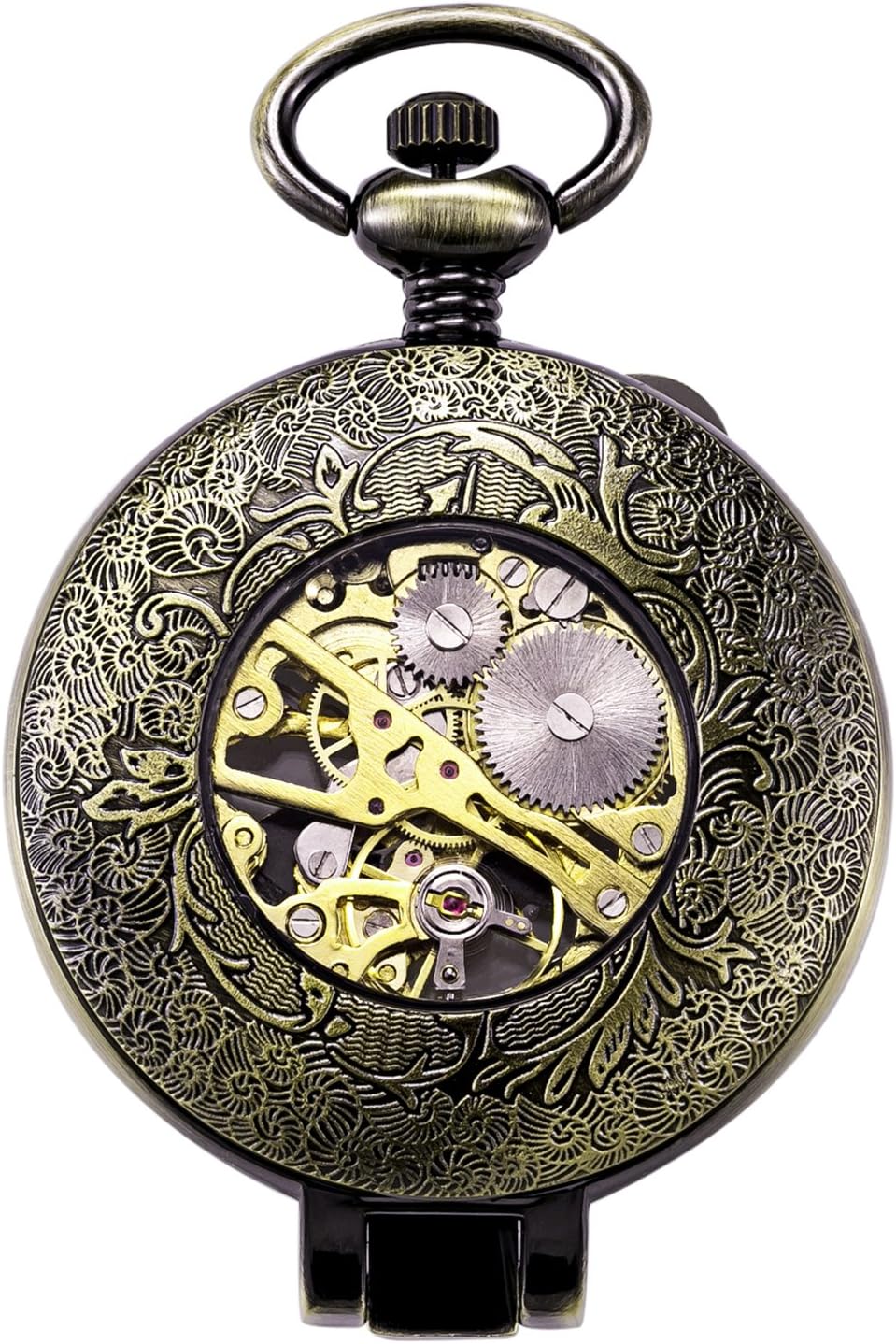 TREEWETO Unisex Taschenuhr mit Kette Analog Handaufzug Stehende Lupe Skelett Bronze