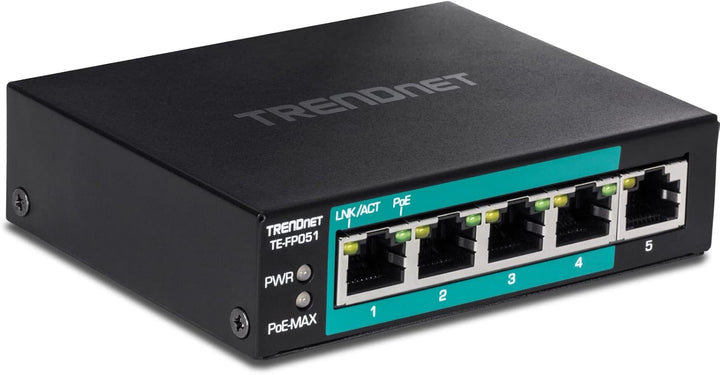 TRENDnet TE-FP051 5-Port Unmanaged Fast Ethernet PoE + -Schalter mit grosser Reichweite, 4 x PoE + -