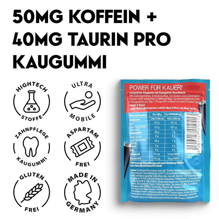 PWRGRUM Energy-Kaugummi Energy-Geschmack 4er Pack I Bis zu 4-Stunden Energie Boost I Zuckerfrei & Za