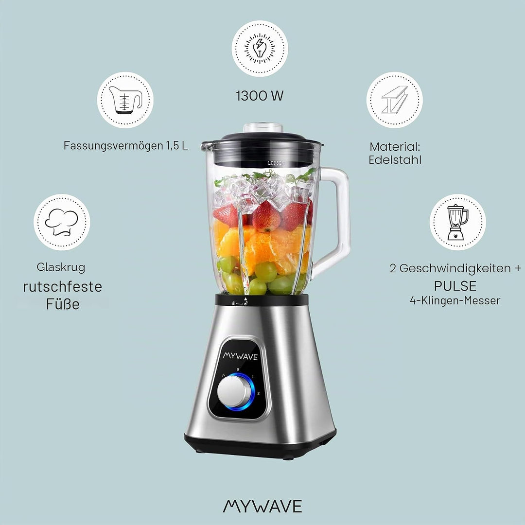 My Wave - Standmixer - Für Feste und Flüssige Nahrungsmittel - 1.300W - Fassungsvermögen 1,5 L und 2