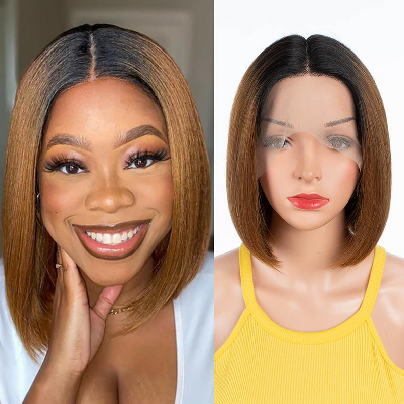 DÉBUT Glatte Bob Perücke, Echthaar, T-Teil, Spitzenfront, Bob-Perücke, vorgezupft, mit Babyhaar, 150