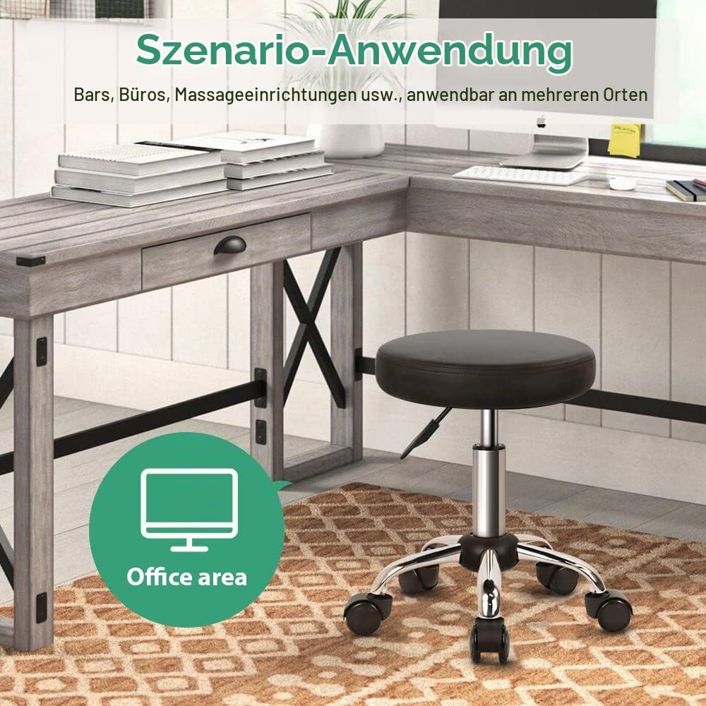 FURWOO Mehrzweck Rollhocker Rundhocker mit Rollen für Spa Verstellbarer Zeichenhocker (Schwarz), Sch