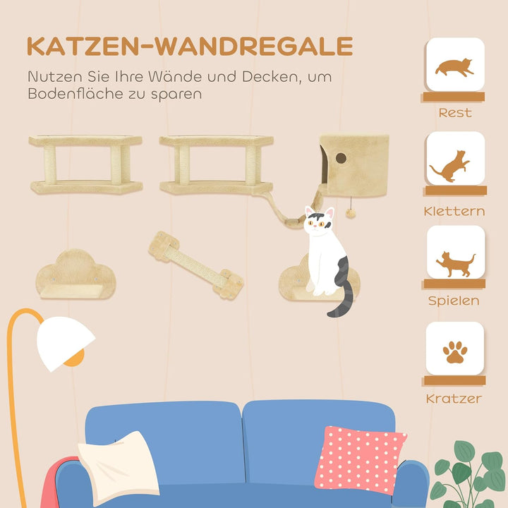 PawHut Kletterwand Katzen, 5-teilig Katzenkletterwand Katzen Wandelemente mit Kratzstamm, Katzenhaus