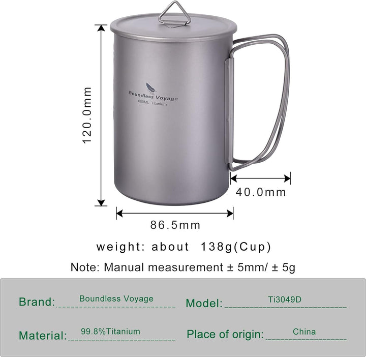 iBasingo Titan 600ml Becher Outdoor Camping Becher mit Deckel Leichtes Tragbares Kochgeschirr Wasser