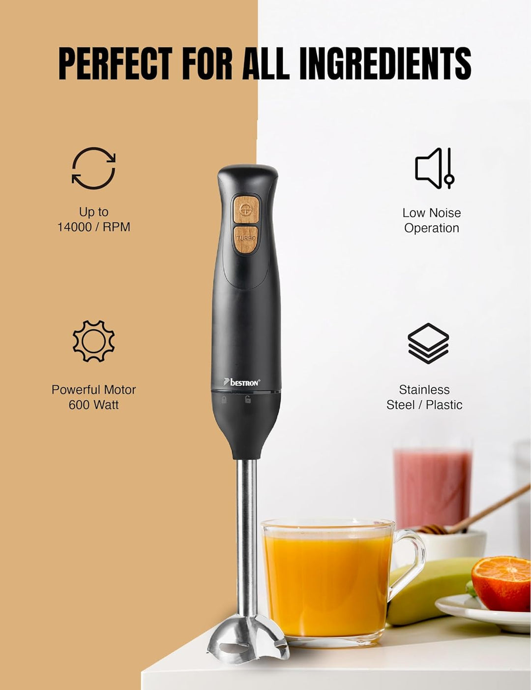Bestron Stabmixer, Pürierstab mit 2 Geschwindigkeitsstufen & ergonomischer Handgriff, inkl. Turbofun