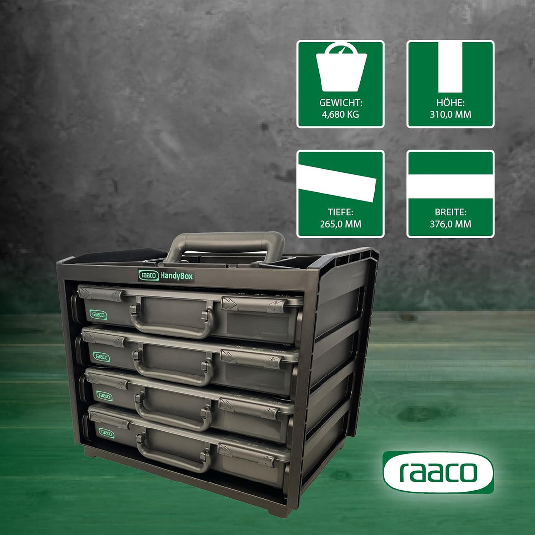 raaco HandyBox 55x4, Premium Sortimentskasten für Werkstatt, Tragerahmen mit 4 Sortierkasten für Kle