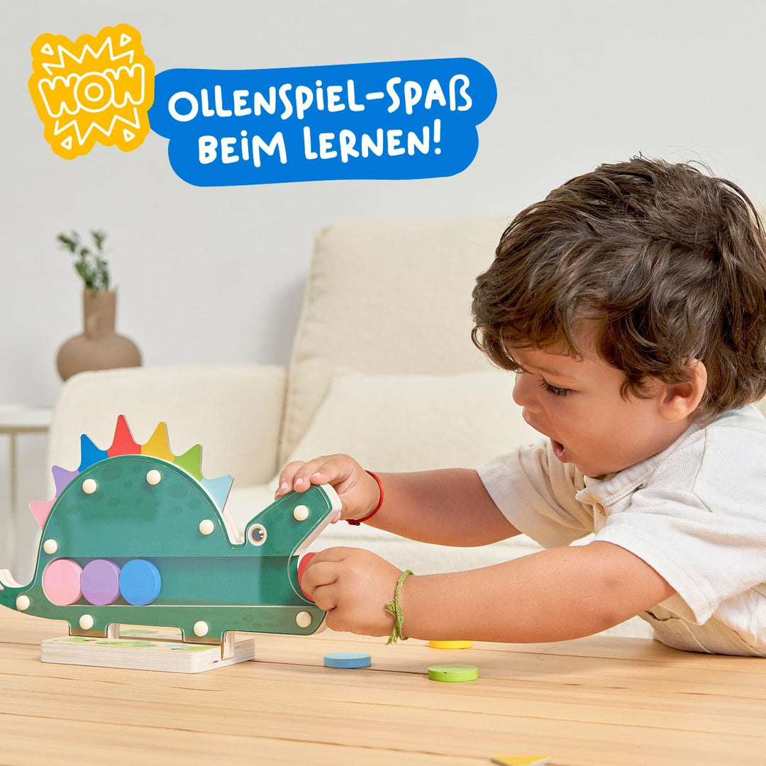 Nene Toys Hungriger Dino, Montessori Holzspielzeug ab 2 Jahren, Farben-Sortierspiel für Kleinkinder,